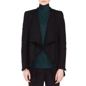 Akris Punto Black Wool-Blend Boucle-Tweed Fringe Draped Open-Front Jacket